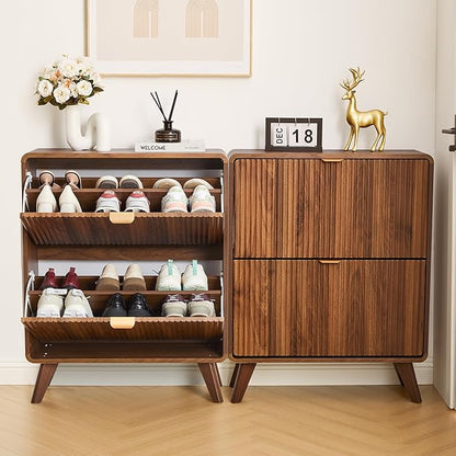 RARZOE Set of 2 Fluted Shoe Storage Cabinets for Entryway, Narrow Curved Shoe Cabinet with 2 Flip Drawers, Freestanding Wood Hidden Shoe Organizer Closed Shoe Rack Cabinet for Foyer,Hallway (Walnut)
