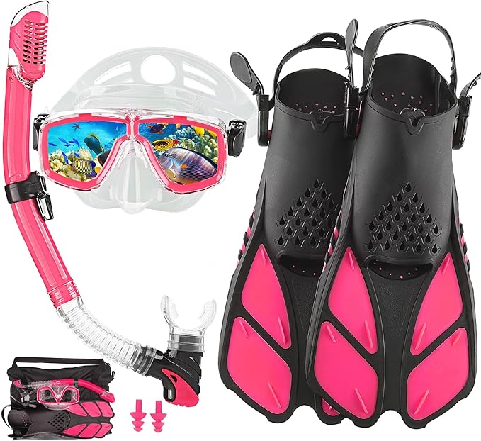 Snorkeling Gear for Adults with Fins Scuba Diving Gear Adult Professional Travel Snorkel Sets with Flippers,Anti-Fog Anti-Leak Diving Mask