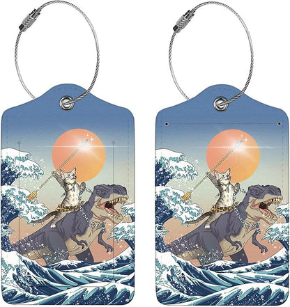 2 Pcs Luggage Tags for Suitcase, Cute Unique PU Leather Travel Bag Tag with Privacy Cover ID Label Address Card and Durable Metal Ring Suitable for Men Women Children Backpack,Cat Riding Dinosaur