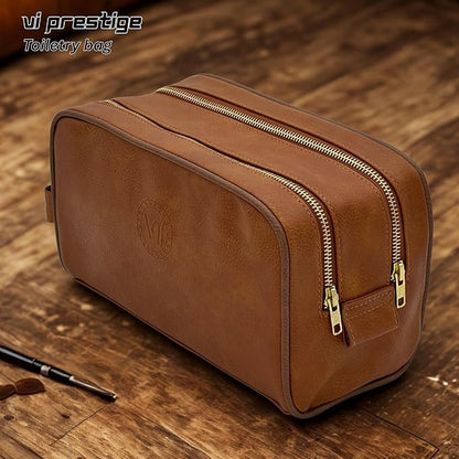 Dopp Gift Large Travel Toiletry Bag Premium Quality PU Leather Two compartments YKK Zippers Water-resistant Bottom Studs Mesh Pockets Durable Cosmetic Organizer CARAMEL LIGHT BROWN