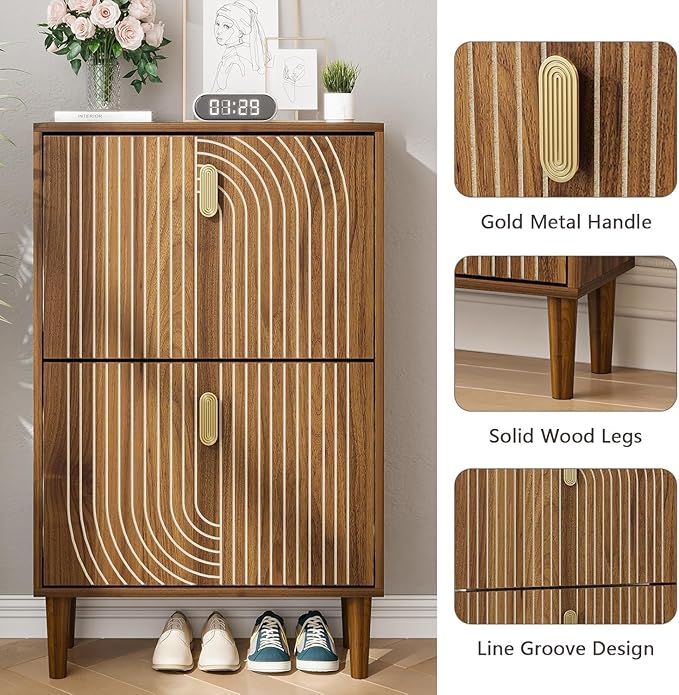Spaco Walnut Shoe Cabinet with 2 Flip Drawers for Entryway,Narrow Shoe Storage Cabinet with Wood Leg,Freestanding Slim Shoe Organizer for Entryway, Hallway