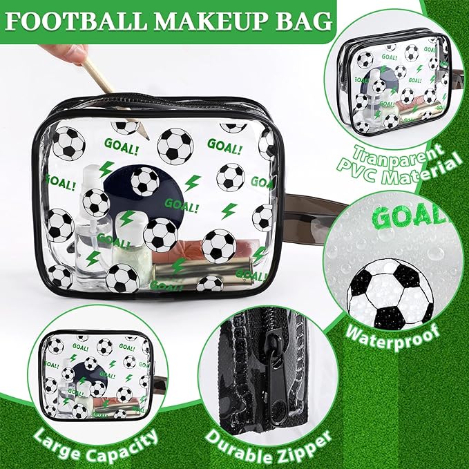 12 PCS Soccer Gift Accessories Bags Soccer Cosmetic Bags Goodie Snack Makeup Pouch Bag Waterproof Clear PVC Travel Bag with Zipper for Girls Team Gifts Valentine Player Sport Party Favors