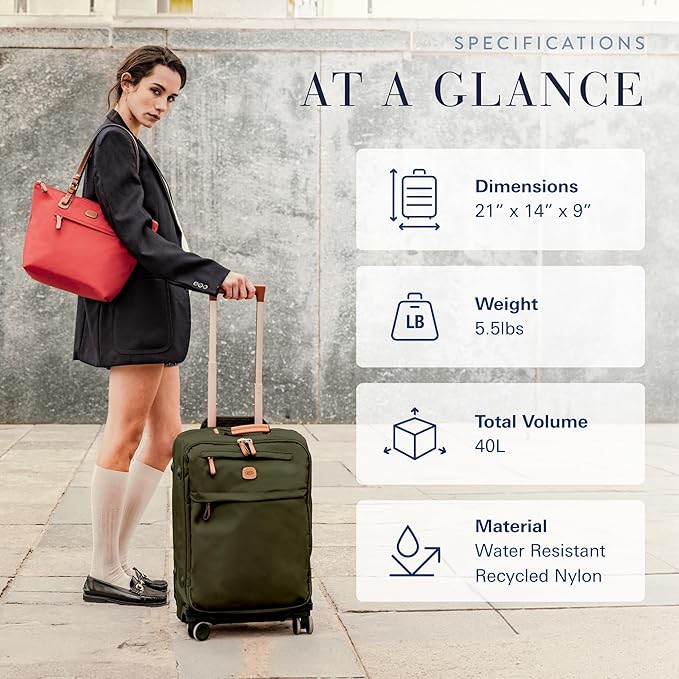 Bric's X-Travel 21” Carry-On Spinner – Luxury Softside Luggage with 360° Wheels, Recycled Water-Resistant Fabric, Interior Pockets, and Leather Details – Olive