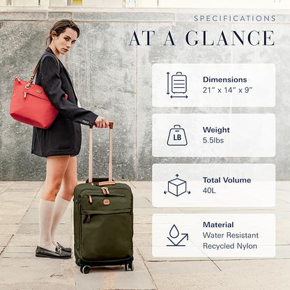 Bric's X-Travel 21” Carry-On Spinner – Luxury Softside Luggage with 360° Wheels, Recycled Water-Resistant Fabric, Interior Pockets, and Leather Details – Olive