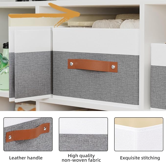 Storage Basket for Shelves, Closet Bin with Handles, 18.5×11×7.9inch Open Foldable Baskets, Fabric Containers Clothes Boxes for Organizing, White and Grey, 4-Pack