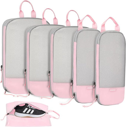 Voova 6 Set Compression Packing Cubes, Travel Accessories Expandable Packing Organizer Bags Set for Carry on Suitcase, Durable Luggage Packing Cubes for Travel Essentials, Pink