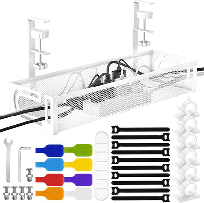 No Drill Under Desk Cable Management Tray, SONATURE 15.7" Cord Organizer for Table, Clamp Mount Desk Cable Management, Premium Carbon Steel Cable Organizer for Office, Home (White)