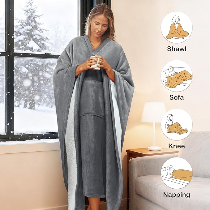Catalonia Sherpa Wearable Poncho for Adult Women Men, Wrap Blanket Cape with Pocket, Warm, Soft, Cozy, Snuggly, Comfort Gift, No Sleeves, Grey