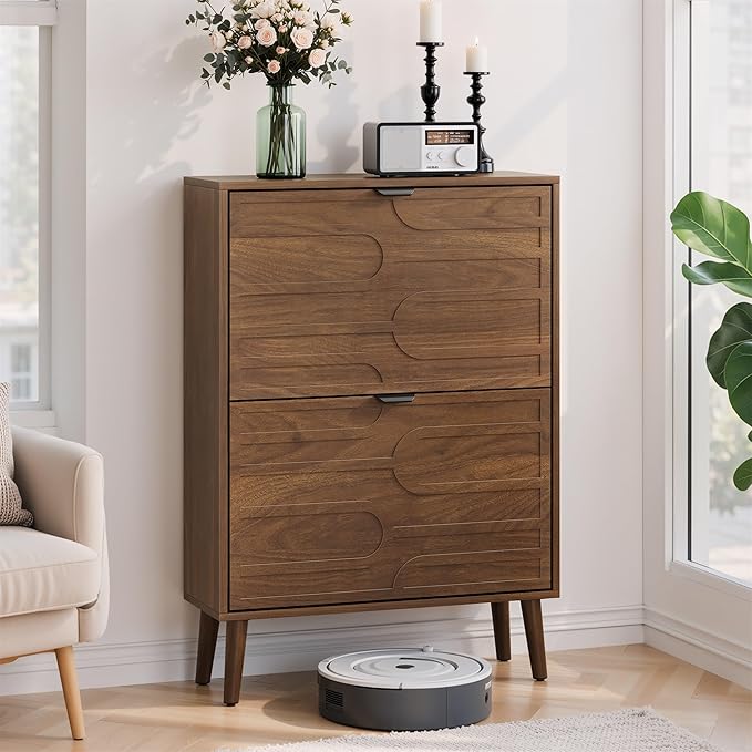Vibe & Dine Shoe Cabinet with 2 Flip Drawers, Modern Shoe Storage Organizer for Entryway Slim, Freestanding Wood Shoe Rack Cabinet for Hallway, Bedroom, Living Room, Walnut