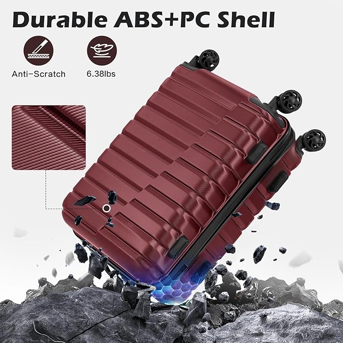 Coolife Carry On Luggage Airline Approved with Wheels Hard Shell Suitcase Spinner TSA Lock Telescopic Handle 20in-Wine Red