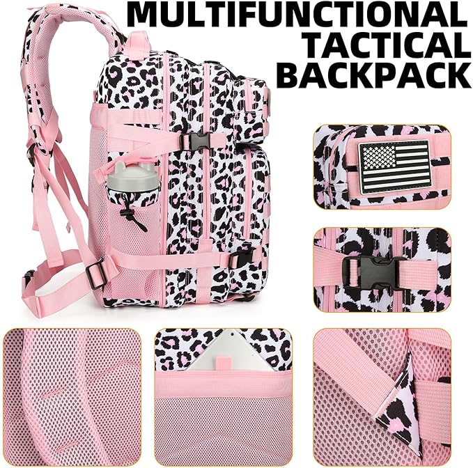 25L Tactical Backpack for Men and Women Military Backpack Small Assault Pack Molle Backpack Bug Out Bag Travel Rucksack Daypack (Pink Leopard)