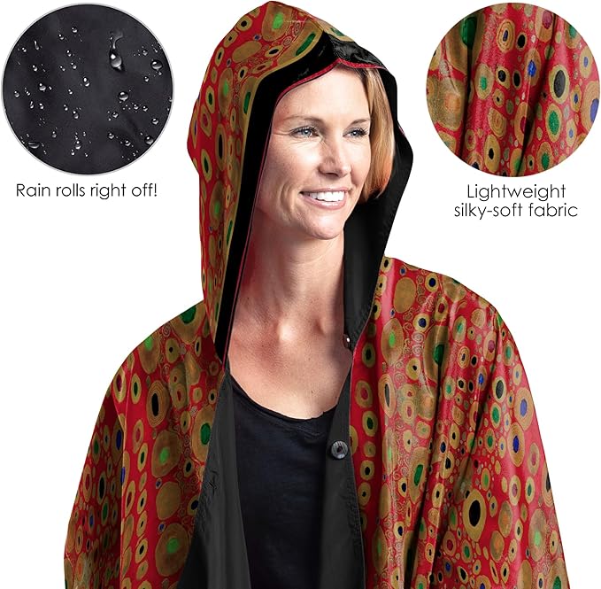 RainCaper Klimt Hope Red Womens Rain Cape Poncho with Hood Reversible