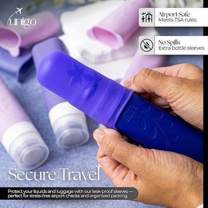 unigo Travel Bottles For Toiletries, 4-pack TSA Approved Containers, Travel Size Toiletries, Shampoo and Conditioner Bottles, Leak Proof and Refillable Bottles, BPA Free, Extra Bottle Covers (Purple)