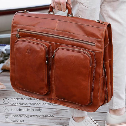 Time Resistance Leather Garment Bag - Slim Suit Duffel Carry-On Suitcase for Dress Protection (Cognac Brown)