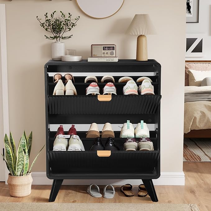 RARZOE Fluted Shoe Storage Cabinet with 2 Flip Drawers, Narrow Curved Shoe Cabinet for Entryway, Freestanding Wood Hidden Shoe Organizer Closed Shoe Rack Cabinet for Foyer, Hallway (27.5''Black)