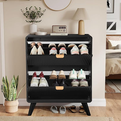 RARZOE Fluted Shoe Storage Cabinet with 2 Flip Drawers, Narrow Curved Shoe Cabinet for Entryway, Freestanding Wood Hidden Shoe Organizer Closed Shoe Rack Cabinet for Foyer, Hallway (27.5''Black)
