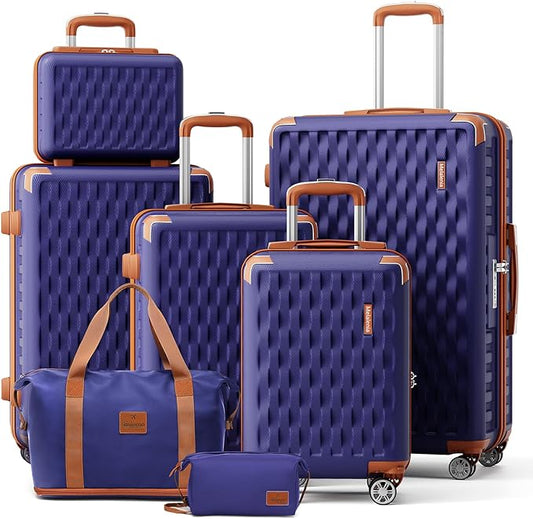 Melalenia Luggage Sets 7 Piece Hard Shell Carry on Suitcase with Spinner Wheels and TSA Lock, Lightweight Travel Duffel Bag for Women, Men, Navy Brown