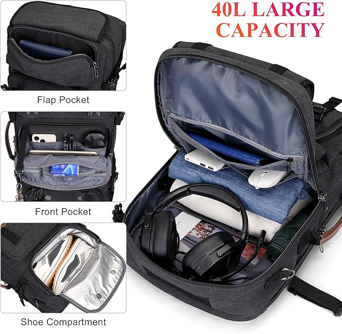 WITZMAN Travel Backpack for Men 40L Large Carry-on Airline Approved Convertible 3 in 1 laptop Bags Fit 17 inch(A8013 Black)