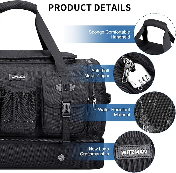WITZMAN Duffle Bag for Men Large Carry On Travel Mens Weekender Overnight Bags with Shoes Compartment for Sports Gym(B723 Black)