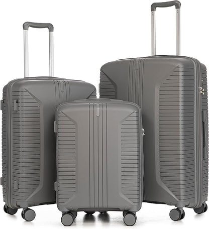 Campfun 3 Piece Luggage Sets, PP Suitcase Set with Double Spinner Wheels Hang Hook, Durable Carry On Luggage with Combination Lock, 20/24/28 inch, Grey
