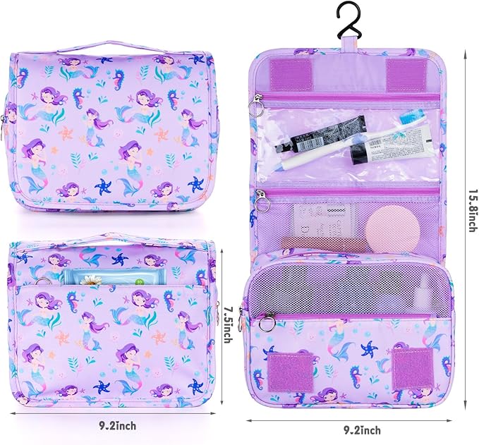 Kids Hanging Toiletry Bag for Girls, Travel Toiletry Bag for Little Young Girls Cosmetic Makeup Waterproof Wash Bag Toddler Traveling Toiletries, Mermaid Purple