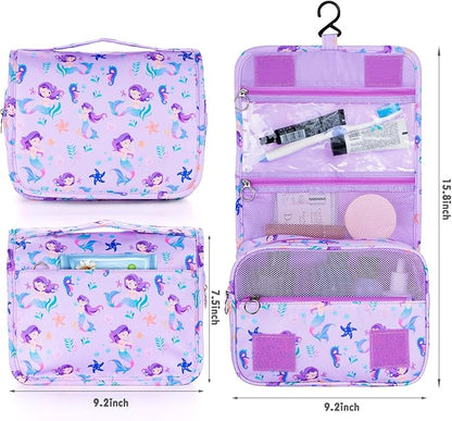 Kids Hanging Toiletry Bag for Girls, Travel Toiletry Bag for Little Young Girls Cosmetic Makeup Waterproof Wash Bag Toddler Traveling Toiletries, Mermaid Purple