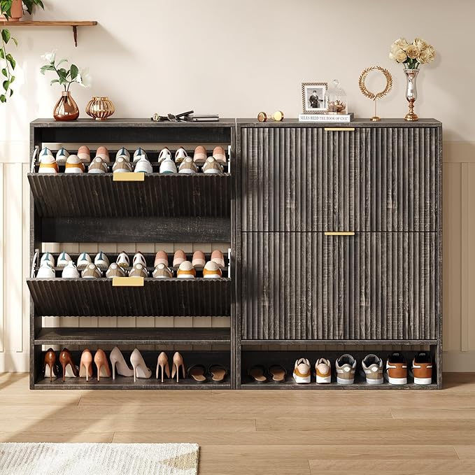 31.5''W Black Shoe Storage Cabinet for Entryway with 2 Flip Drawers, Fluted Slim Shoe Cabinet, Free Standing Wooden Shoes Organizer for Foyer, Hallway