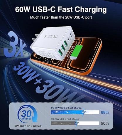 60W USB C Wall Charger Block, 2Pack 5-Port C Charger Fast Charging Block Dual PD Power Adapter&QC 3.0 Wall Plug Multiport Type C Charging Cube Brick for iPhone 12/13/14/15/16/17 Pro Max, iPad,Samsung