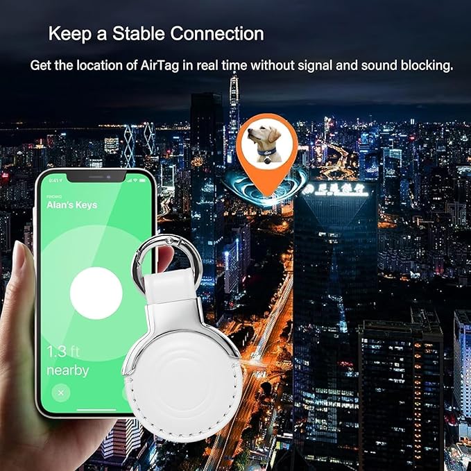 Genuine Leather for AirTag Holder Keychain for AirTag - Premium Handmade Protective Case Cover Accessories with Key Ring, Secure Hidden Design, All-in-One Package, White