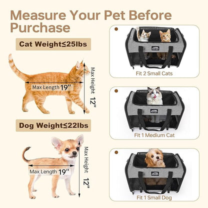 Soft Sided Two Cats Dog Carrier up to 25 lbs, Portable Mesh Pet Travel Bag for Medium Puppy Big Cats, Collapsible Puppy Crate Home Outdoor 20x13x13in, Grey