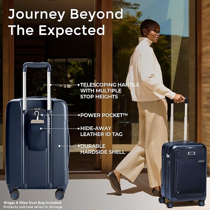 Briggs & Riley Essential 22" Carry-On Expandable Spinner - Carry On Luggage for Travel, Suitcases with Wheels, Hardside Rolling Bag for Men & Women, Front Pocket - Sympatico Collection, Navy