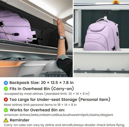 Boavan Rolling Backpack for Women, 17.3 Inch Wheeled Laptop Backpack,Large Travel CarryOn Bag for Teachers College Students, USB Charging Port Waterproof Business for Airplane Overnight Luggage，Purple