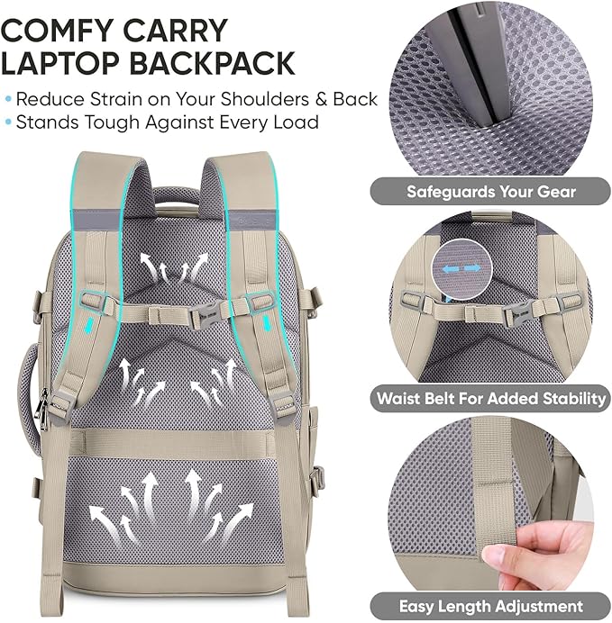 BALEINE Travel Backpack for Women Men, Large Sturdy Carry On Laptop Backpack Gifts for Business, Casual, Weekender, Hiking (XL, Khaki)