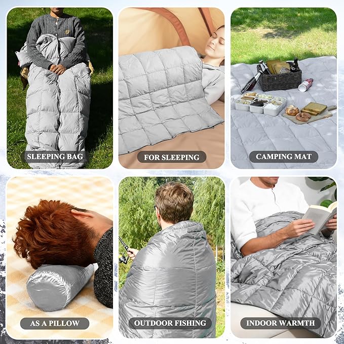 MOOX Down Camping Blanket Packable Backpacking Camping Quilt Outdoor Lightweight Warm Water Resistant Puffy Sleeping Bag Travel Hiking 55"x79" Waterproof Camp Throw Blanket, Gray Blue