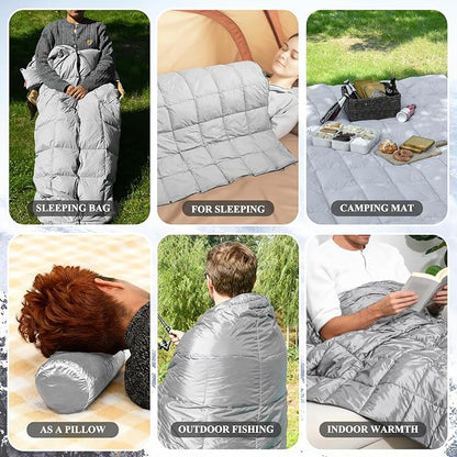 MOOX Down Camping Blanket Packable Backpacking Camping Quilt Outdoor Lightweight Warm Water Resistant Puffy Sleeping Bag Travel Hiking 55"x79" Waterproof Camp Throw Blanket, Gray Blue