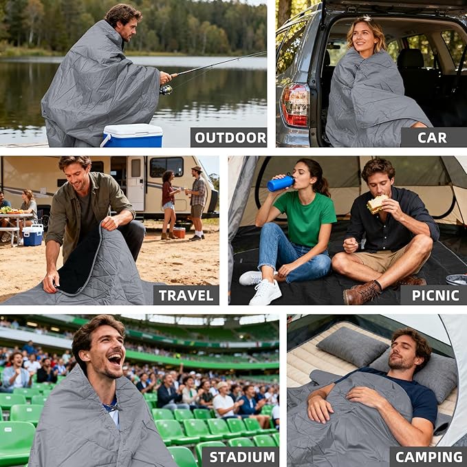 Outdoor Waterproof Blanket, Foldable Fleece Stadium Blanket for Outdoor Sports Event, Camping, Car, Pet, Picnics - Windproof, Wearable, Machine Washable 80" x 58" (Smoky Gray)