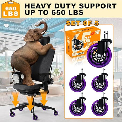 Office Chair Wheels for Casters Replacement - 3" Rubber Wheels for Computer Gaming Desk Caster Smooth & Safe Rolling for All Floors Including Hardwood and Carpet - Set of 5 - Purple