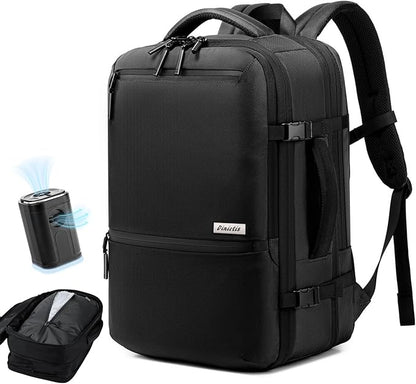 Dinictis Vacuum Seal Backpack 60L with Pump, Expandable Backpack with Vacuum Compression fits 17 inch Laptop, Water Resistant Carry On Suitcase Luggage suit for Short Trip and Business-Black
