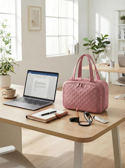 SMONT Travel Toiletry Bag for Women Hanging Makeup Organizer Toiletry Bag Essentials for Women Makeup Bag/Big Compartment, Waterproof,with Multiple Pockets, Ideal for Travel, Gym, School, Pink