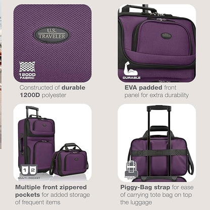 U.S. Traveler Rio Lightweight Softside Rolling Carry-on Suitcase, 2-Wheel Set, Purple