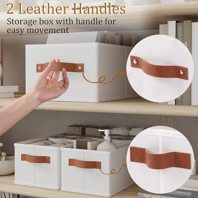 OUTBROS Foldable Wardrobe Organiser, Fabric Storage Bins, Boxes With Handles, For Bedrooms, Living Rooms, Shelves, White, 16.1 x 6.5 x 9.8 inch, 3-Pack