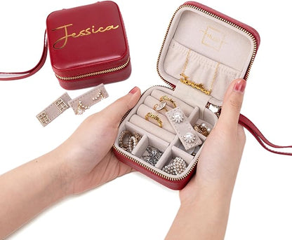 Angelina's Palace Personalized Jewelry Case with Name Engraved,Custom Leather Travel Jewelry Organizer Box for Rings,Earrings,Necklaces,Birthday Bridesmaid Gift For Women