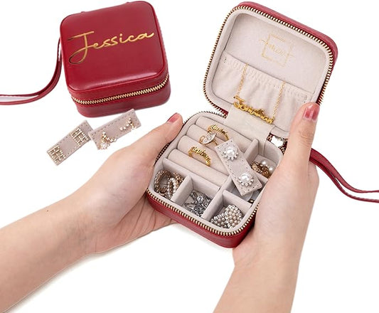 Angelina's Palace Personalized Jewelry Case with Name Engraved,Custom Leather Travel Jewelry Organizer Box for Rings,Earrings,Necklaces,Birthday Bridesmaid Gift For Women