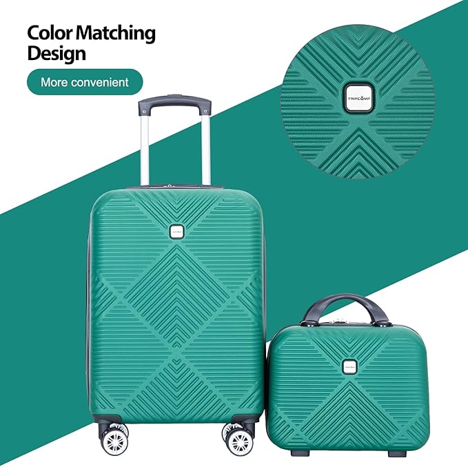 2 Piece Carry on Luggage Set, Airline Approved 20 Inch Luggage with Cosmetic Case Hard Shell Suitcase with Spinner Wheels, Dark Green