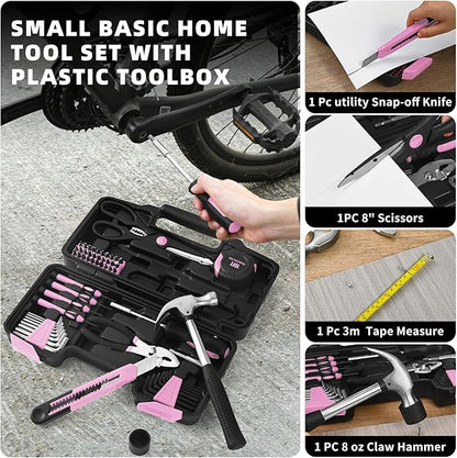 58-Piece Pink Household Tool Set General Household Hand Tool Kit,Small Tool Kit with Plastic Toolbox Mini Tool kit for Women, Office & College Repairs