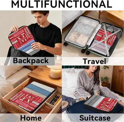 Personalized 6 Set Compression Packing Cubes for Travel Essentials with Name Initial Customized Lightweight Carry on Expandable Luggage Organizer Bags for Women and Men, Red