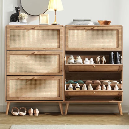 Rattan Shoe Cabinet with 3 Flip Drawers, 48 Pairs Narrow Shoe Storage Cabinet for Entryway Freestanding Hidden Shoe Rack, Modern Slim Wood Shoe Organizer for Hallway, Natural