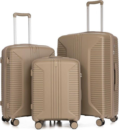 3-Piece PP Hard Shell Spinner Luggage Set (20" 24" 28") with Combination Lock, Adjustable Pull Rod Suitcases, Champagne