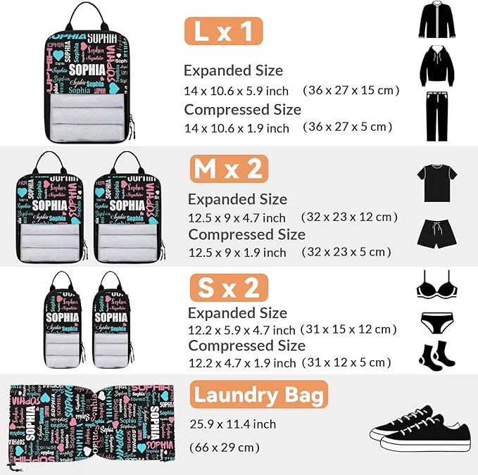Personalized 6 Set Compression Packing Cubes for Travel Essentials with Name Customized Lightweight Carry on Expandable Luggage Organizer Bags for Women and Men, Black