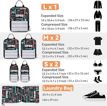 Personalized 6 Set Compression Packing Cubes for Travel Essentials with Name Customized Lightweight Carry on Expandable Luggage Organizer Bags for Women and Men, Black